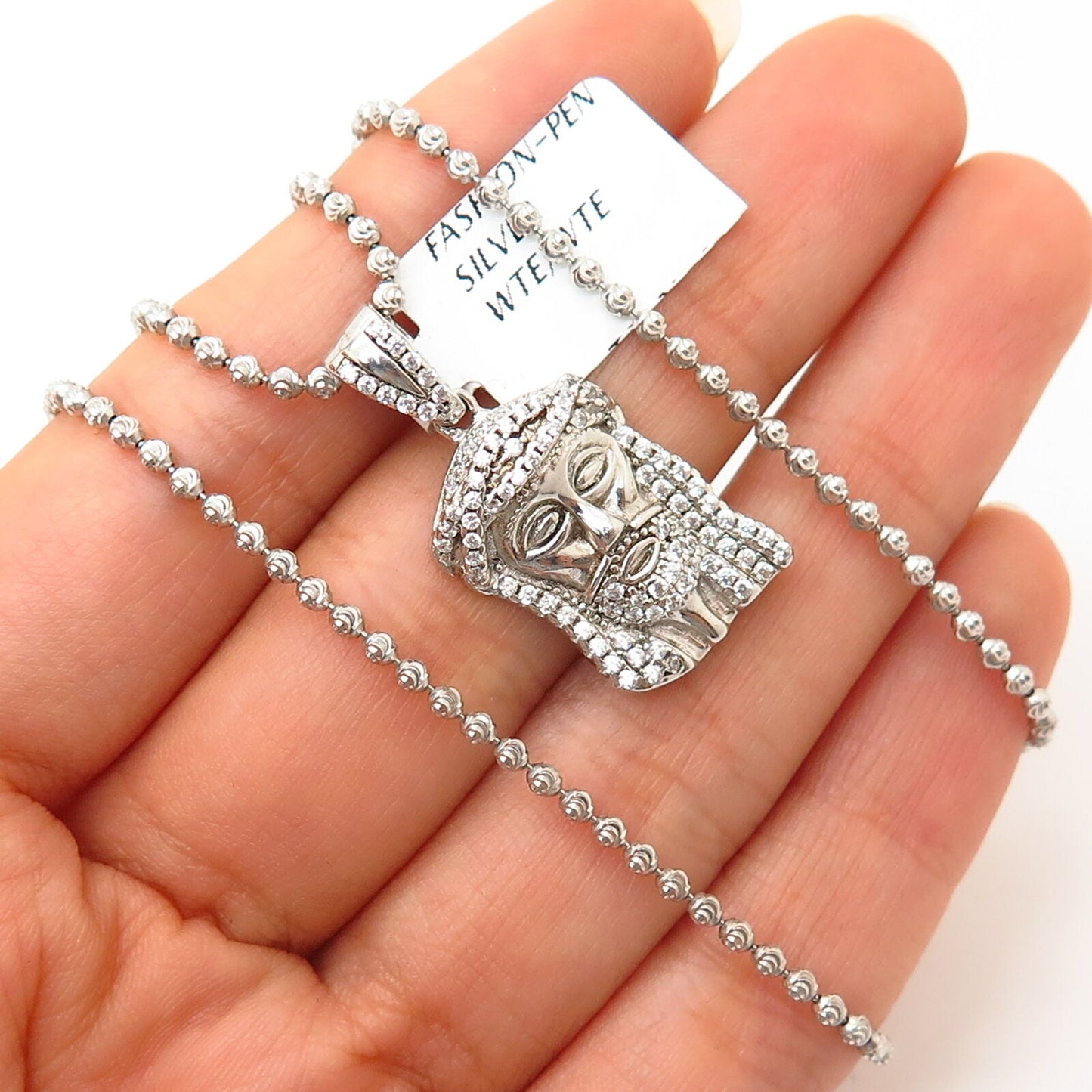 925 Sterling Italy Swarovski Crystal Jesus Pendant Bead Chain Necklace 24"