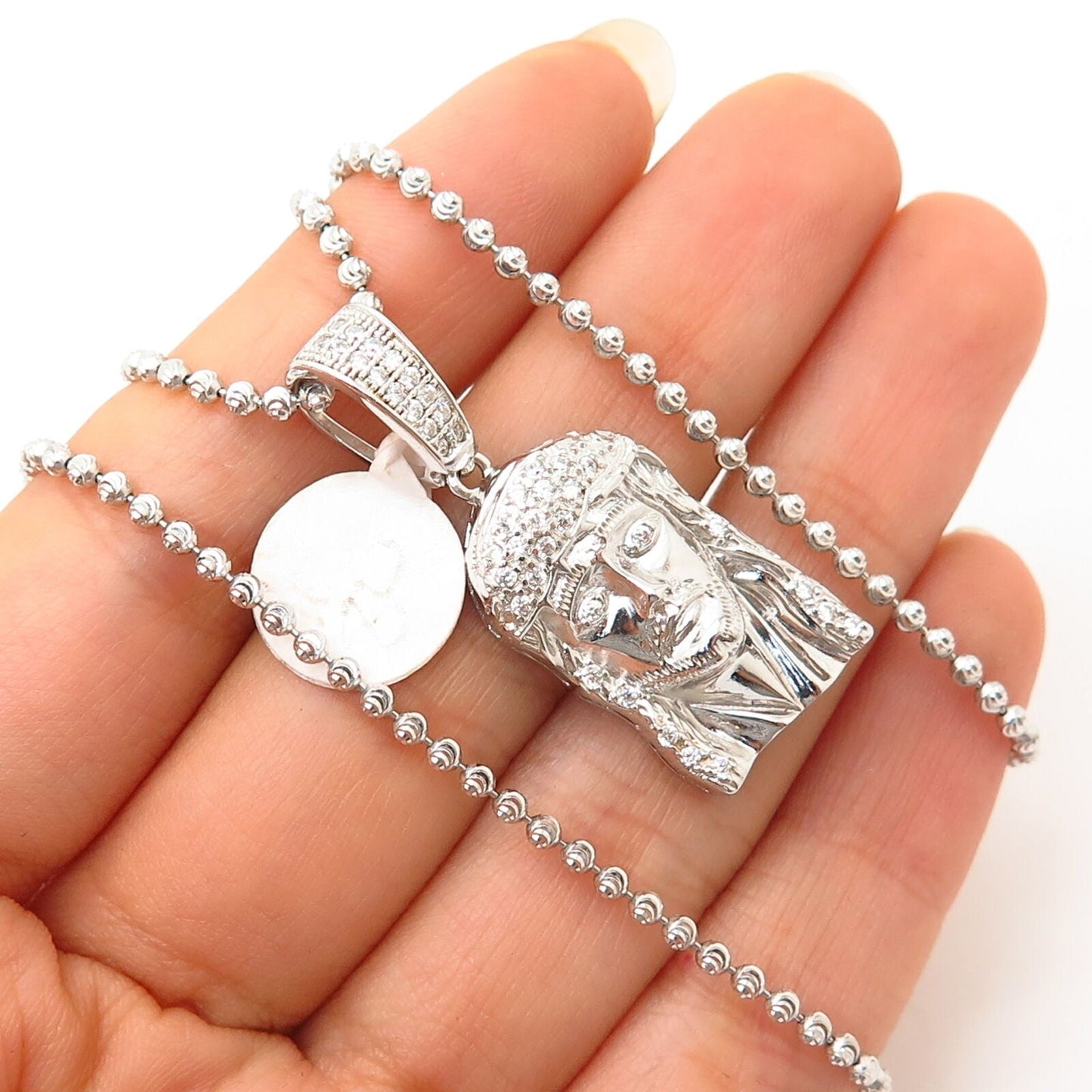 925 Sterling Italy Swarovski Crystal Jesus Pendant Bead Chain Necklace 27"