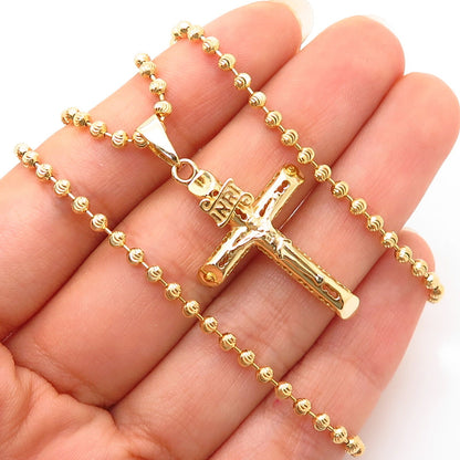 925 Sterling Silver Gold Plated Crucifix Cross Pendant Bead Chain Necklace 15