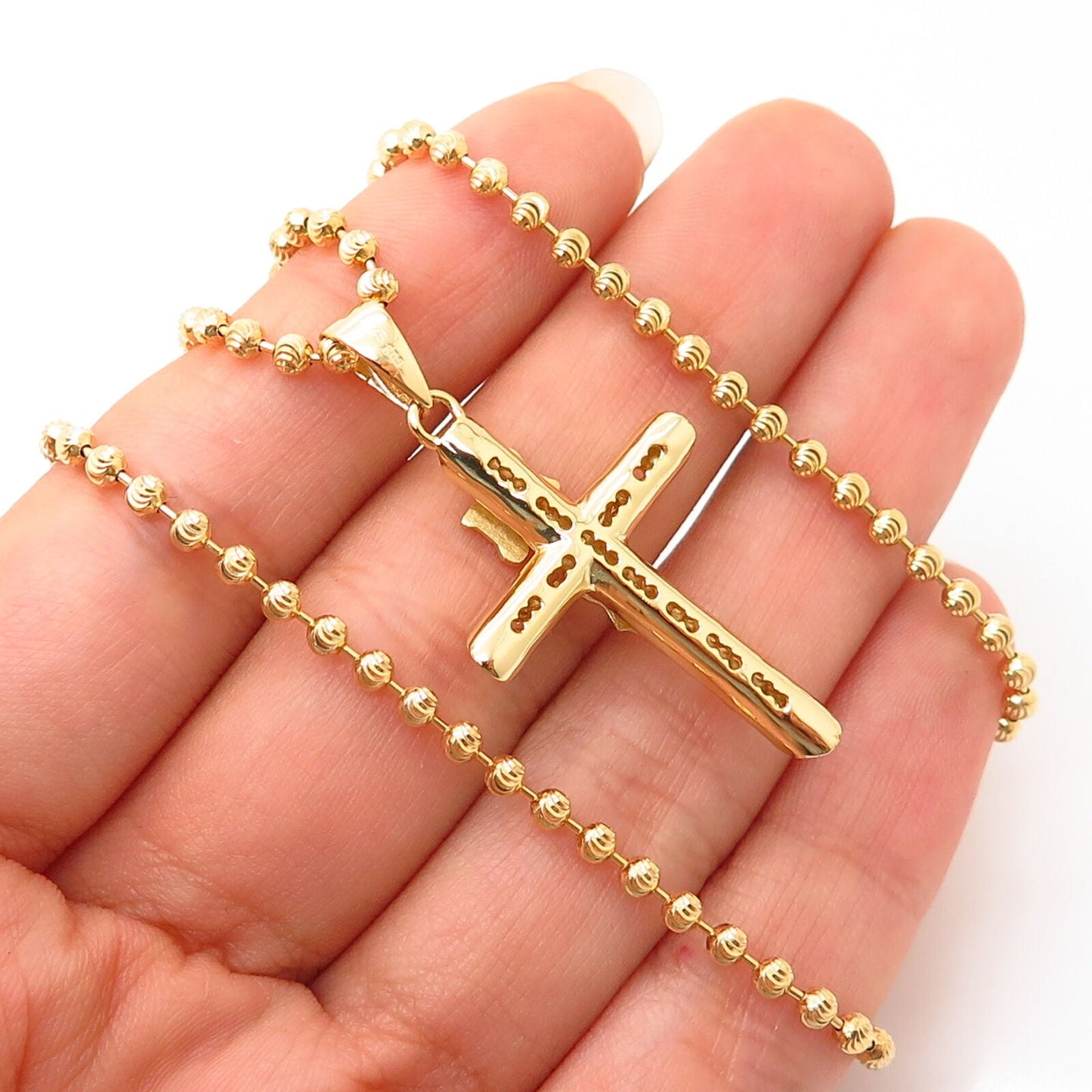 925 Sterling Silver Gold Plated Crucifix Cross Pendant Bead Chain Necklace 15