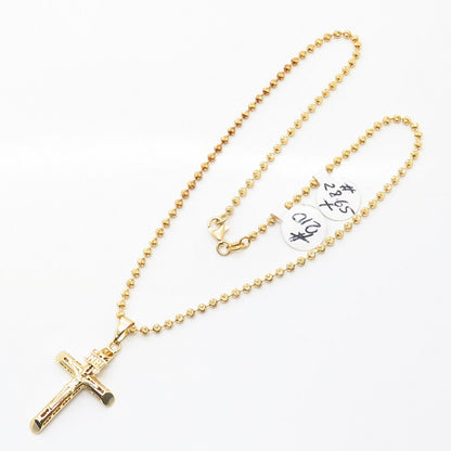 925 Sterling Silver Gold Plated Crucifix Cross Pendant Bead Chain Necklace 15