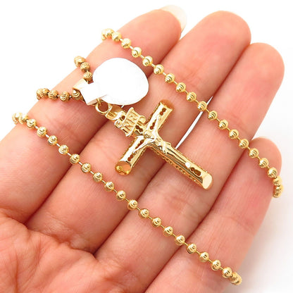 925 Sterling Gold Plated Crucifix Cross Pendant Long Bead Chain Necklace 28"