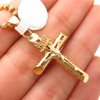 925 Sterling Gold Plated Crucifix Cross Pendant Long Bead Chain Necklace 28"