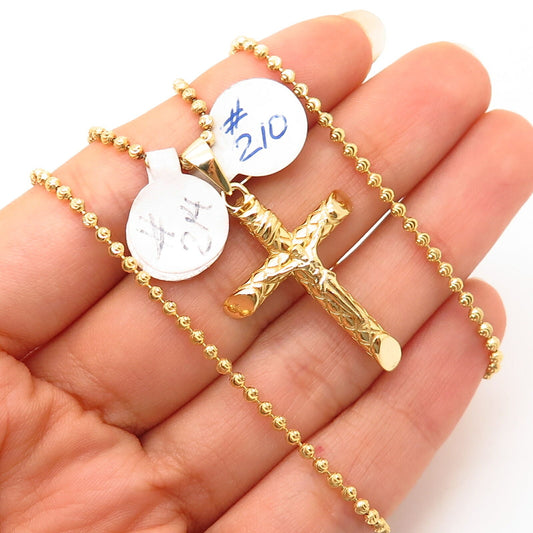 925 Sterling Gold Plated Crucifix Cross Pendant Long Bead Chain Necklace 30"