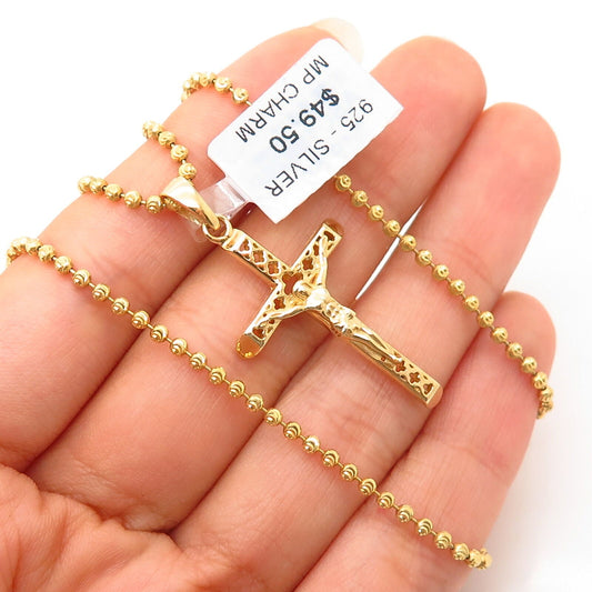 925 Sterling Silver Gold Plated Crucifix Cross Pendant Bead Chain Necklace 24"