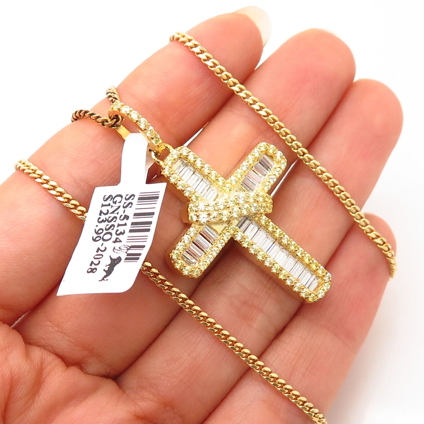 925 Sterling Gold Plated Swarovski Crystal Cross Pendant Chain Necklace 24"