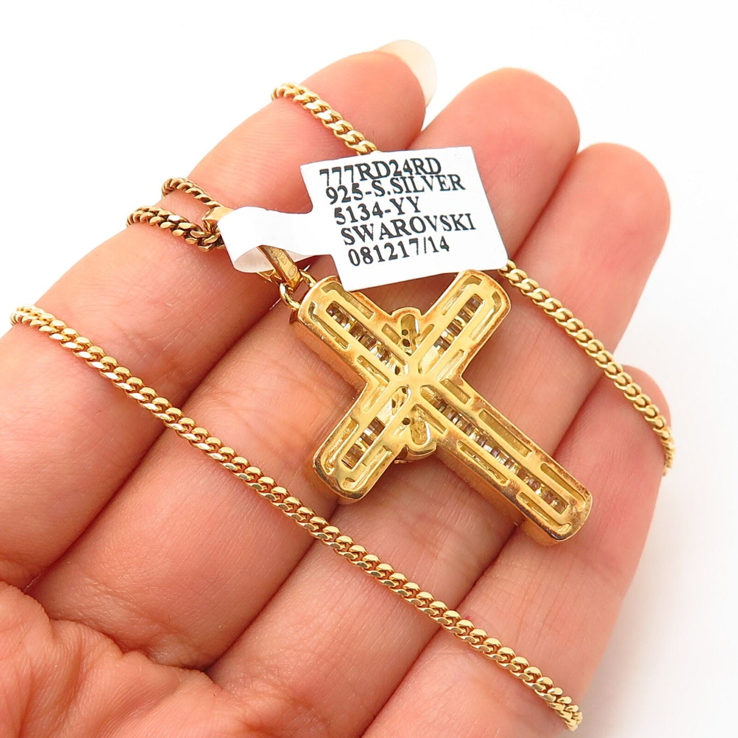 925 Sterling Gold Plated Swarovski Crystal Cross Pendant Chain Necklace 24"