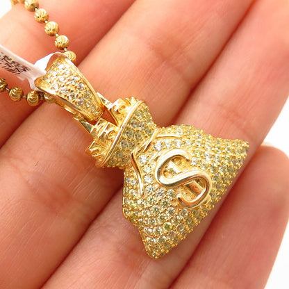 925 Sterling Gold Plated Swarovski Crystal Money Sack Pendant Chain Necklace 30"