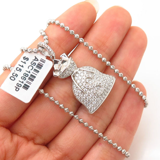 925 Sterling Italy Swarovski Crystal Money Sack Pendant Chain Necklace 29"