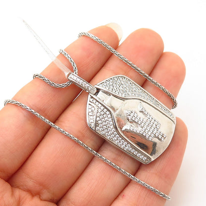 925 Sterling Silver Swarovski Crystal Car Tag Pendant Foxtail Chain Necklace 29"