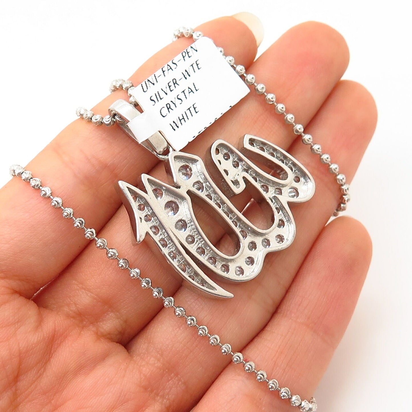 925 Sterling Italy Swarovski Crystal God in Arabic Pendant Chain Necklace 22"