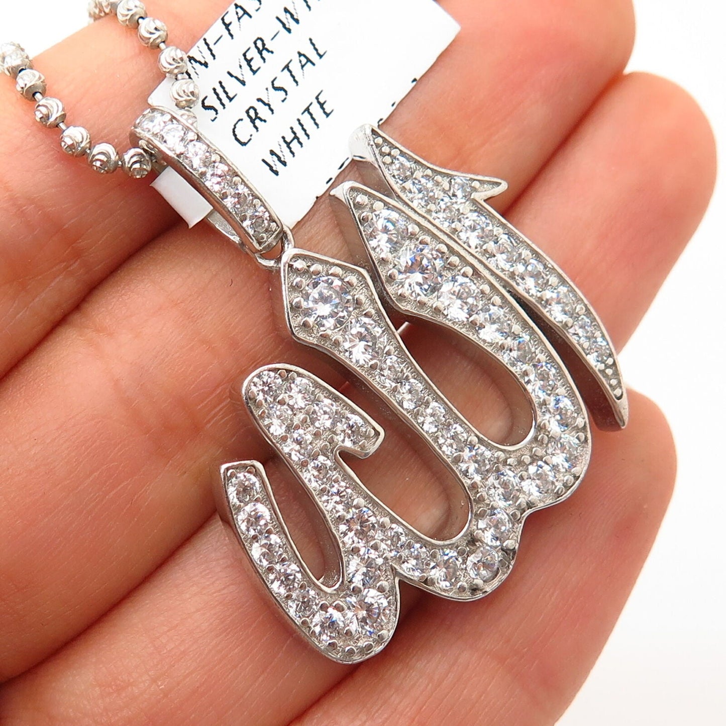 925 Sterling Italy Swarovski Crystal God in Arabic Pendant Chain Necklace 22"