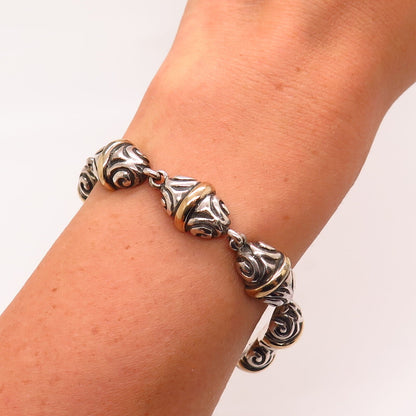 925 Sterling Silver / 14K Vintage Zina Swirl / Bean Design Link Bracelet 7 1/4"