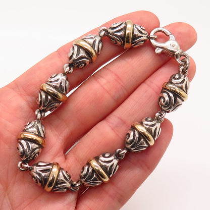 925 Sterling Silver / 14K Vintage Zina Swirl / Bean Design Link Bracelet 7 1/4"