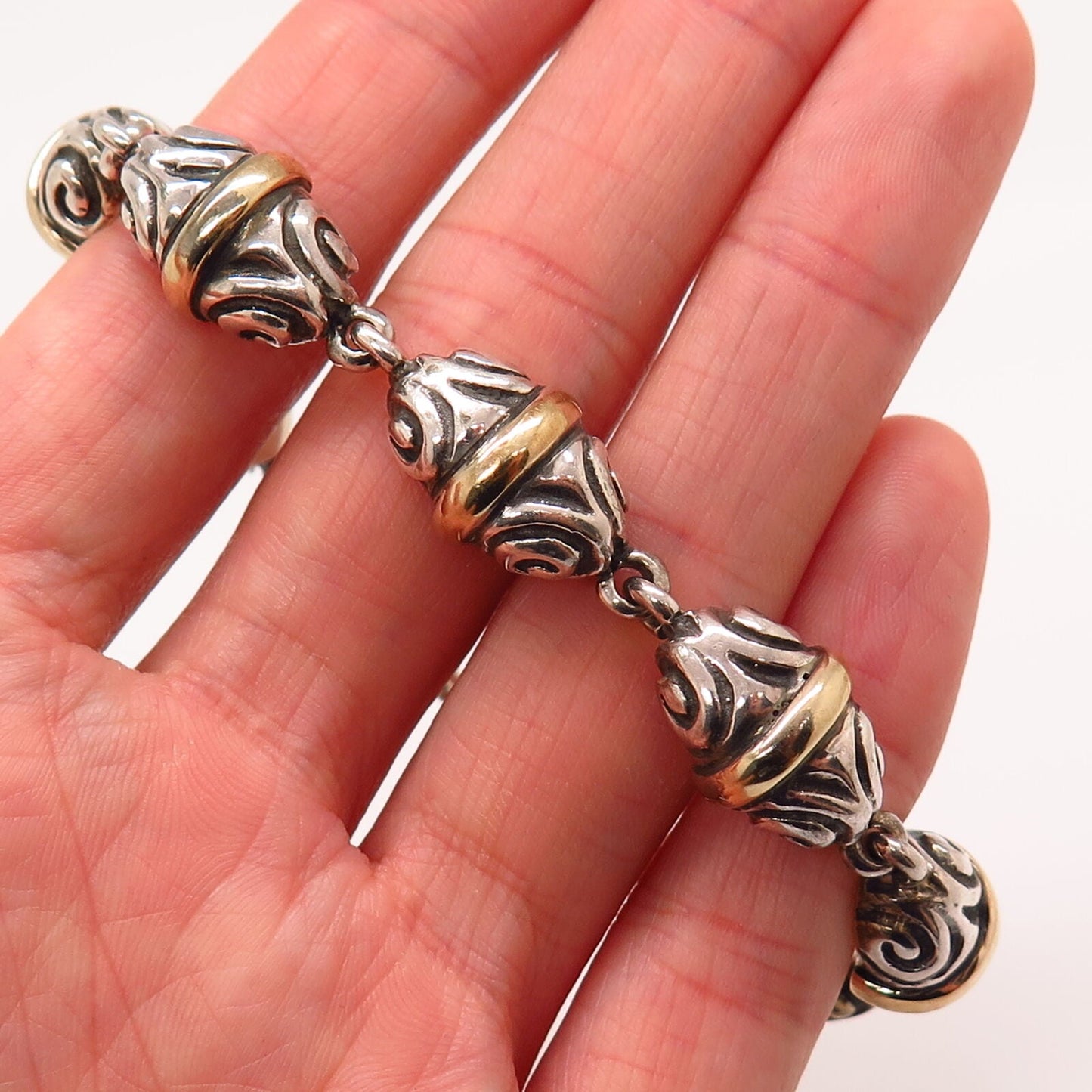 925 Sterling Silver / 14K Vintage Zina Swirl / Bean Design Link Bracelet 7 1/4"