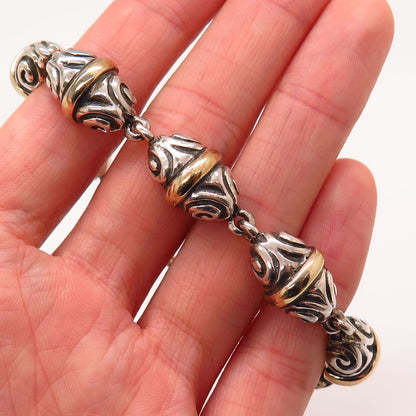 925 Sterling Silver / 14K Vintage Zina Swirl / Bean Design Link Bracelet 7 1/4"