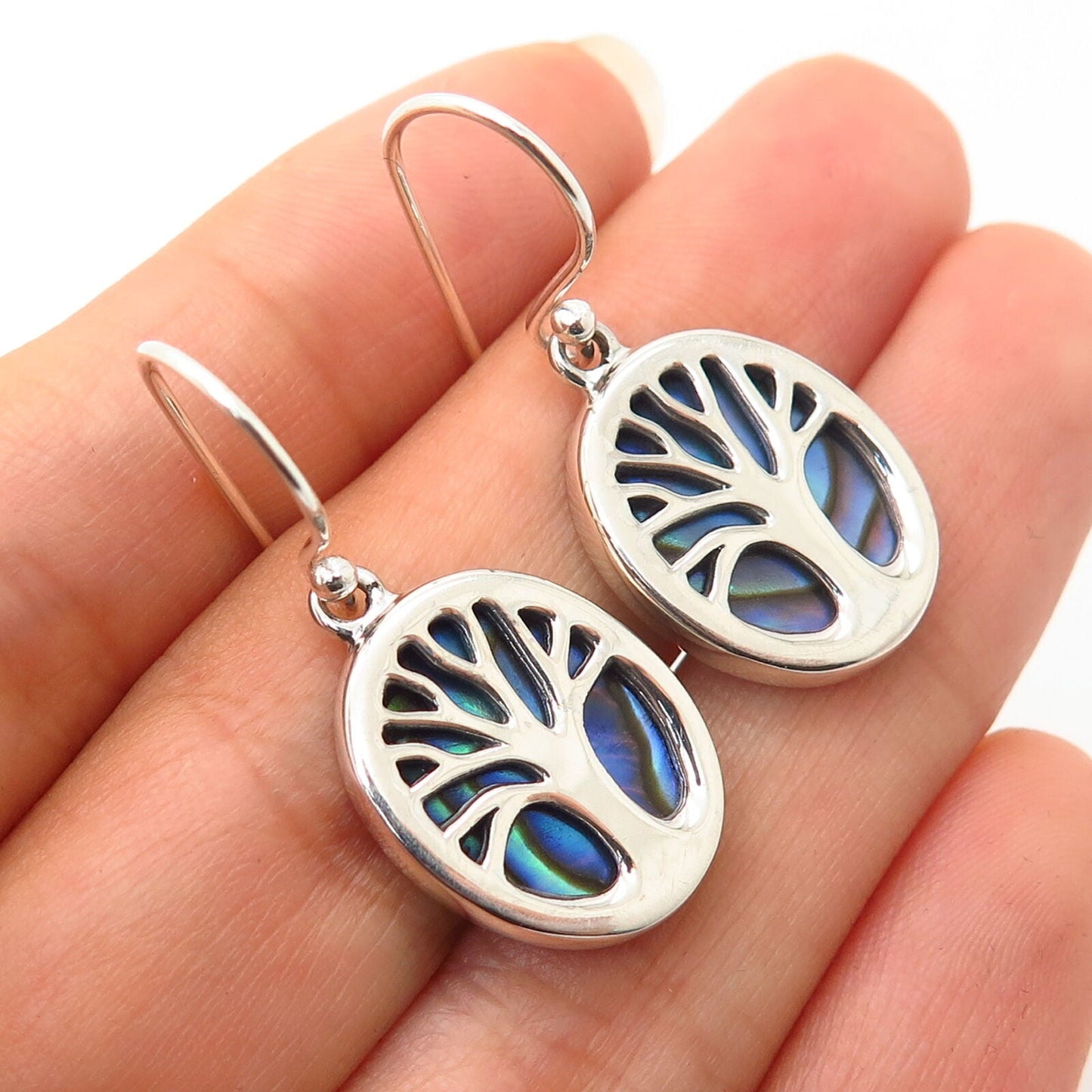 925 Sterling Silver Abalone & Enamel Tree of Life Reverble Dangling Earrings