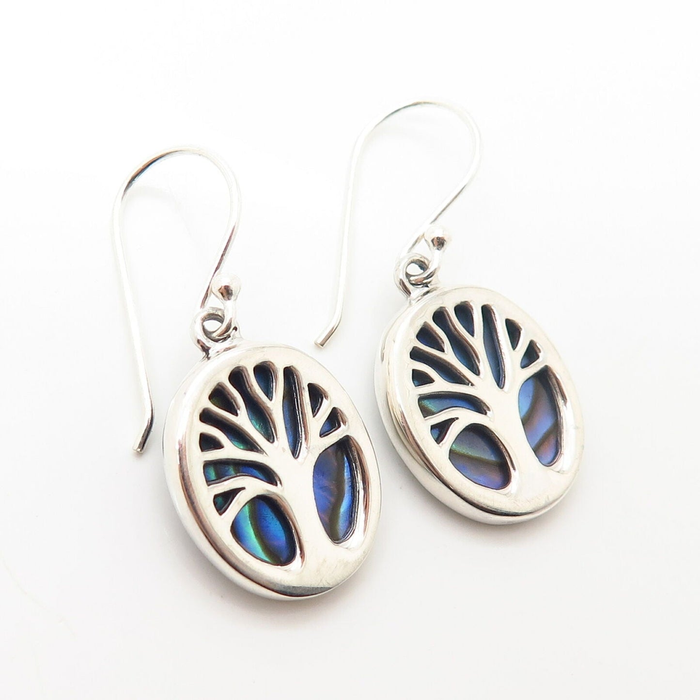 925 Sterling Silver Abalone & Enamel Tree of Life Reverble Dangling Earrings