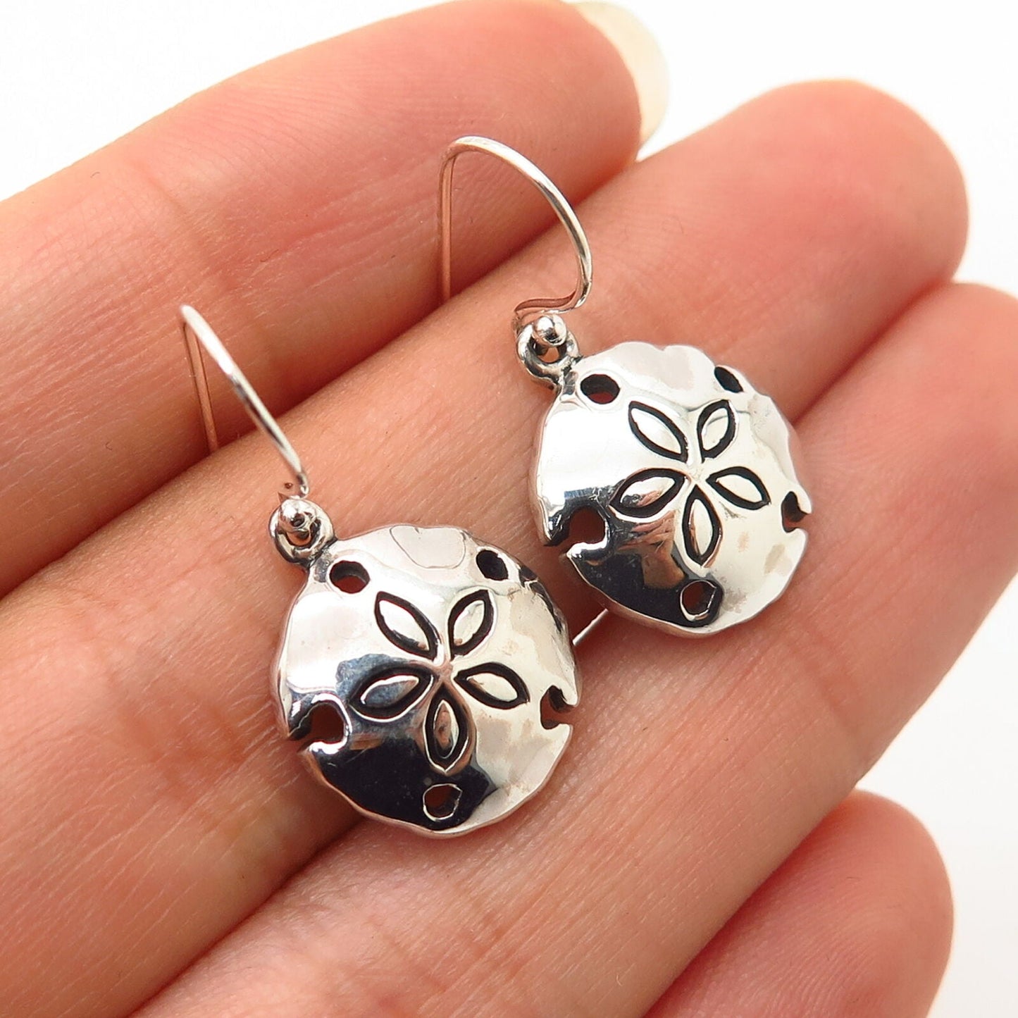 925 Sterling Silver Sand Dollar Design Dangling Earrings