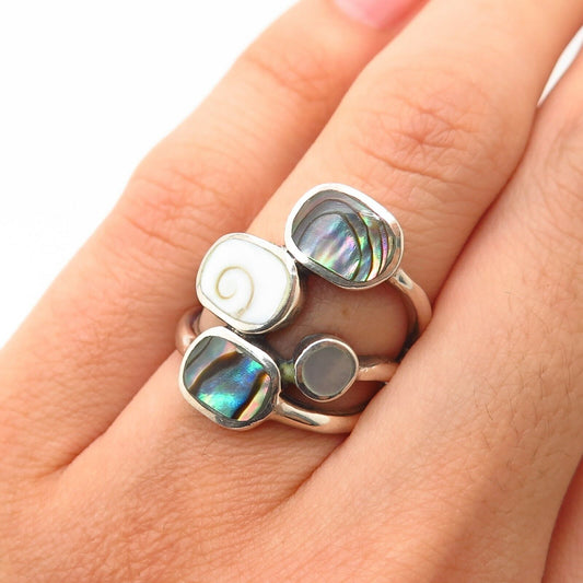 925 Sterling Silver Mother-of-Pearl Abalone & Shiva Shell Modernist Design Ring