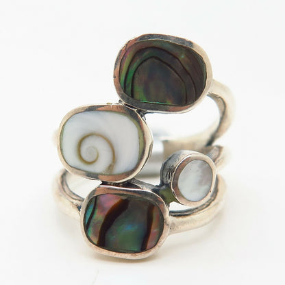 925 Sterling Silver Mother-of-Pearl Abalone & Shiva Shell Modernist Design Ring