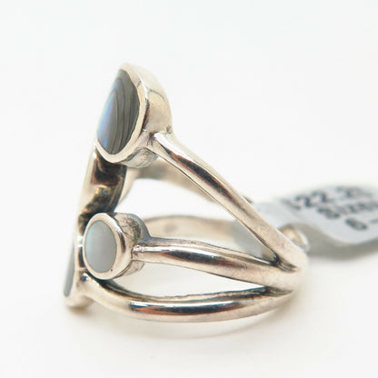 925 Sterling Silver Mother-of-Pearl Abalone & Shiva Shell Modernist Design Ring