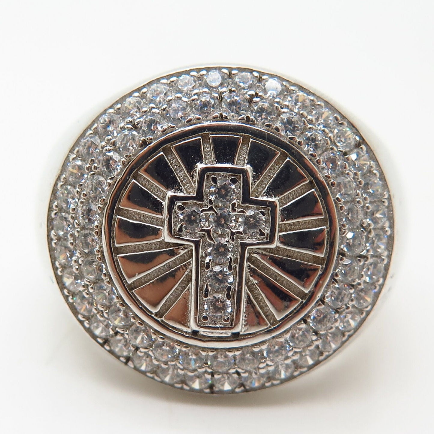 925 Sterling Pave Swarovski Crystal Cross Design Men's Signet Ring Size 10 1/4