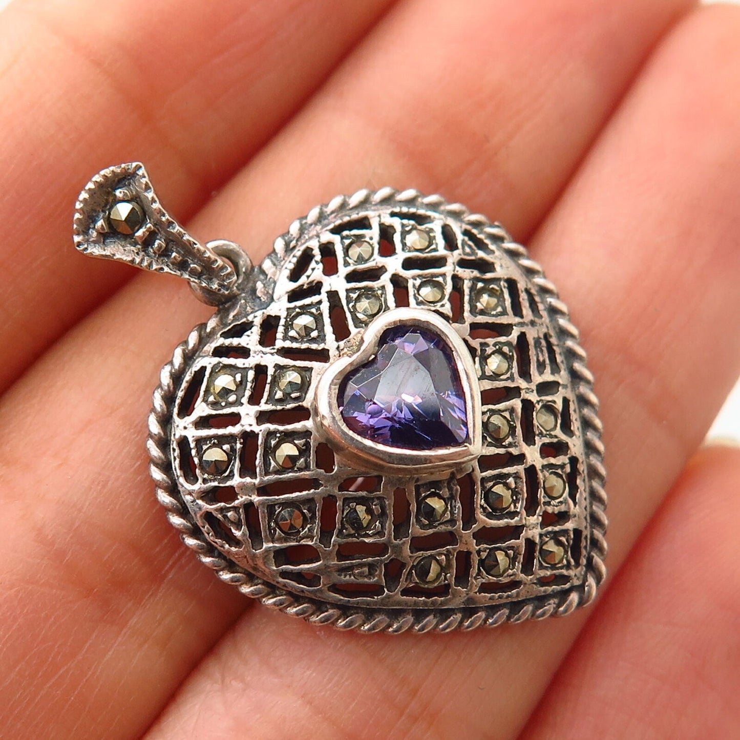 925 Sterling Silver Real Marcasite Gem & Lavender-Tone C Z Heart Pendant