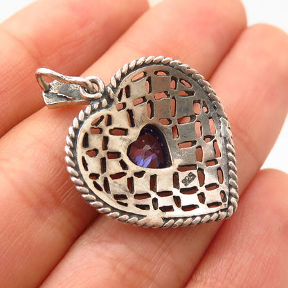 925 Sterling Silver Real Marcasite Gem & Lavender-Tone C Z Heart Pendant