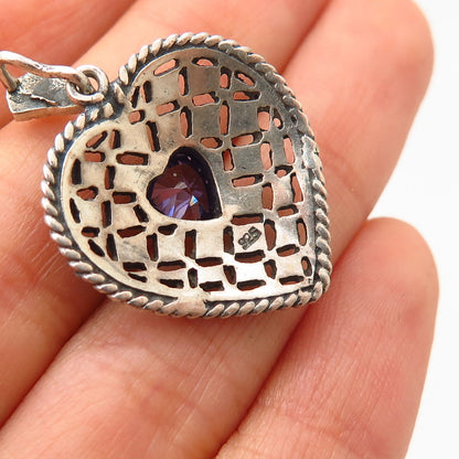 925 Sterling Silver Real Marcasite Gem & Lavender-Tone C Z Heart Pendant