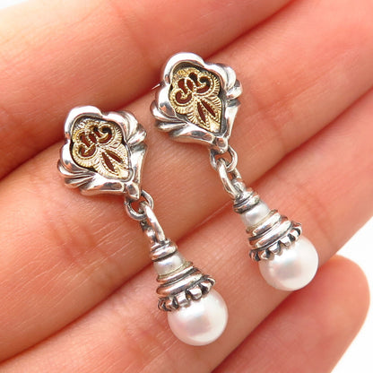 925 Sterling Silver / 585 Gold Real Pearl Dangling Earrings