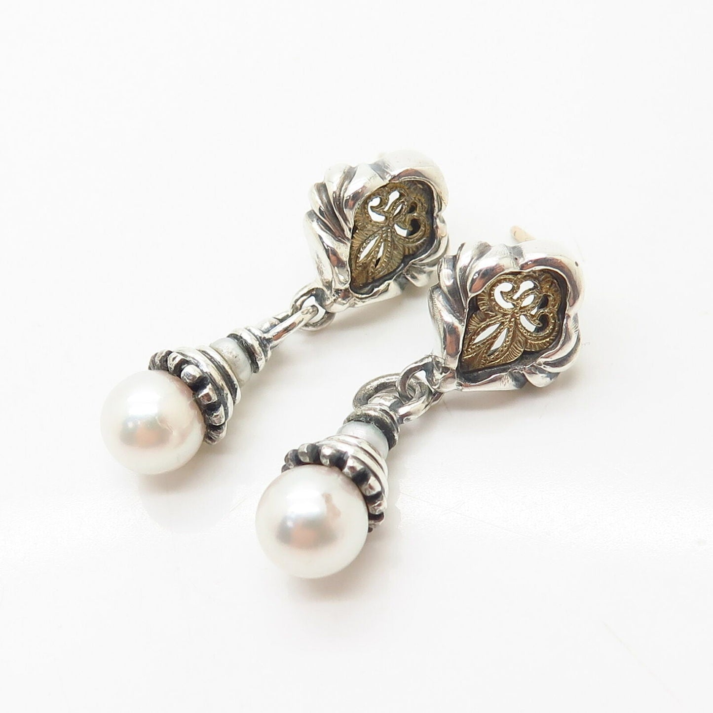 925 Sterling Silver / 585 Gold Real Pearl Dangling Earrings