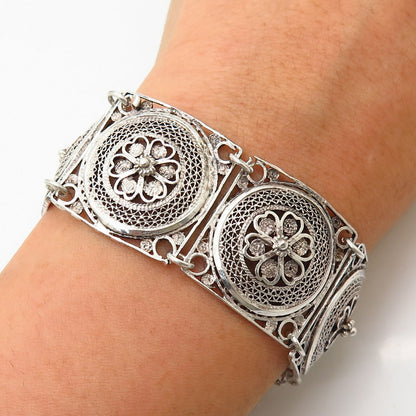 900 Silver Vintage Filigree Floral Design Link Bracelet 6.5-7 3/4"