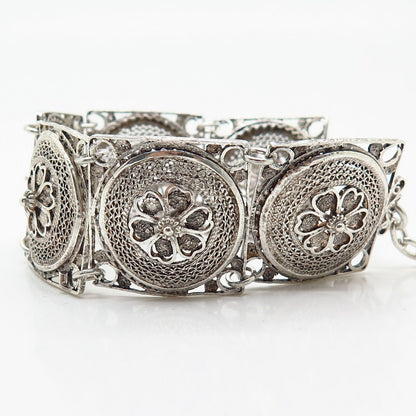 900 Silver Vintage Filigree Floral Design Link Bracelet 6.5-7 3/4"