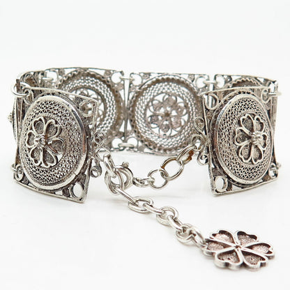 900 Silver Vintage Filigree Floral Design Link Bracelet 6.5-7 3/4"