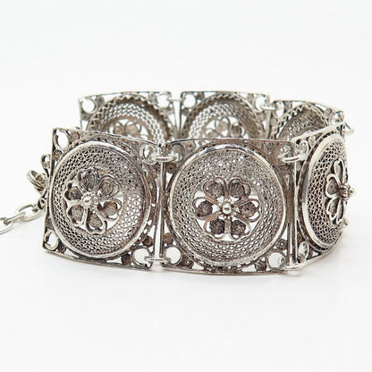 900 Silver Vintage Filigree Floral Design Link Bracelet 6.5-7 3/4"