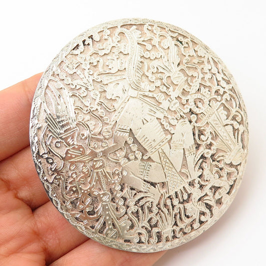 900 Silver Vintage Tribal God Design Round Pin Brooch / Pendant