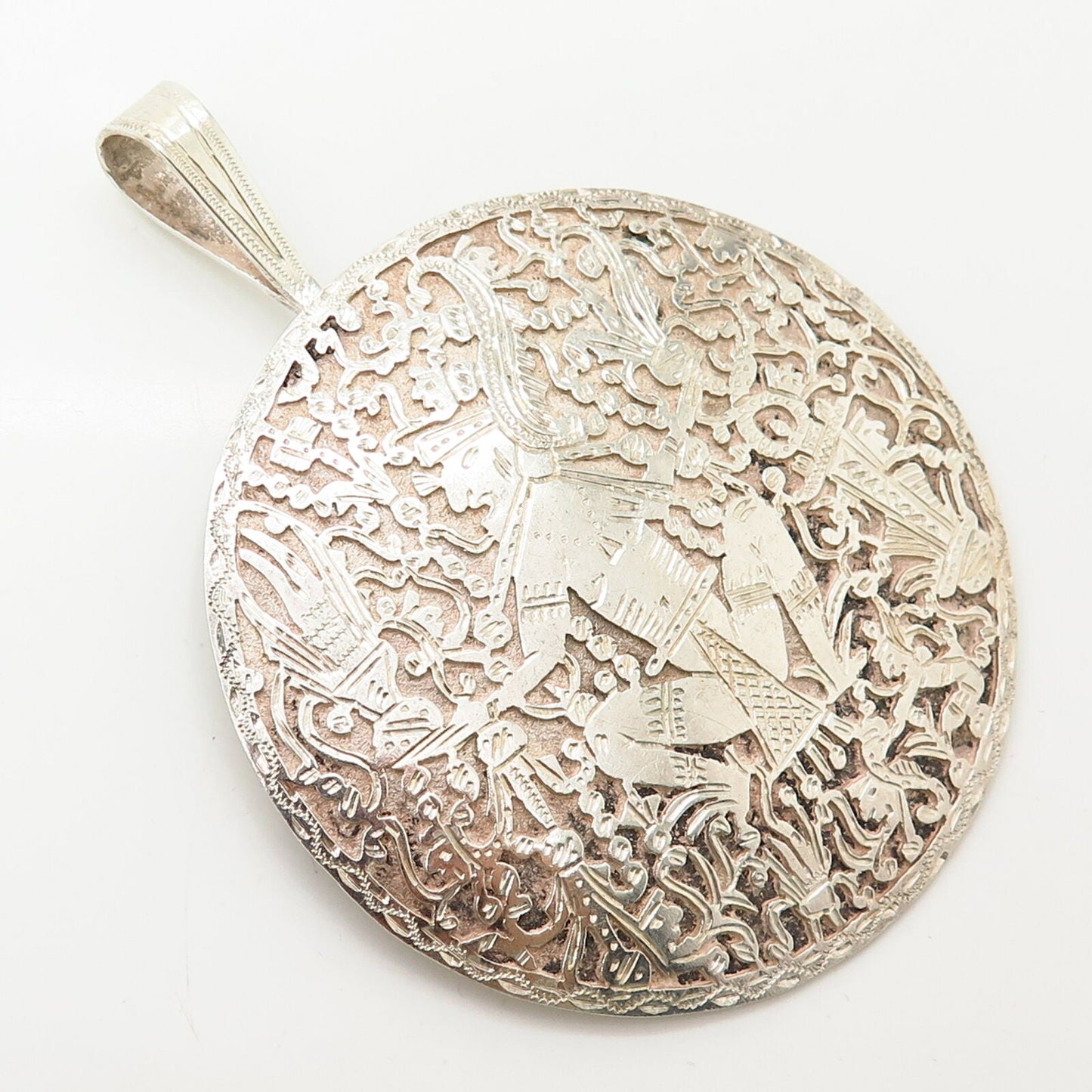 900 Silver Vintage Tribal God Design Round Pin Brooch / Pendant