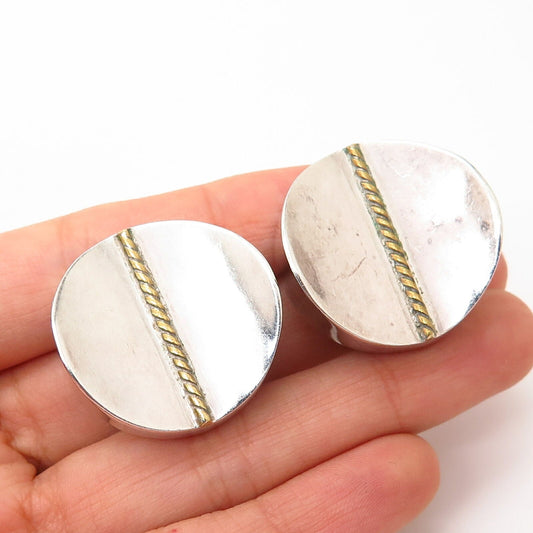 925 Sterling Silver 2-Tone Vintage Mexico Round Concave Hollow Clip On Earrings