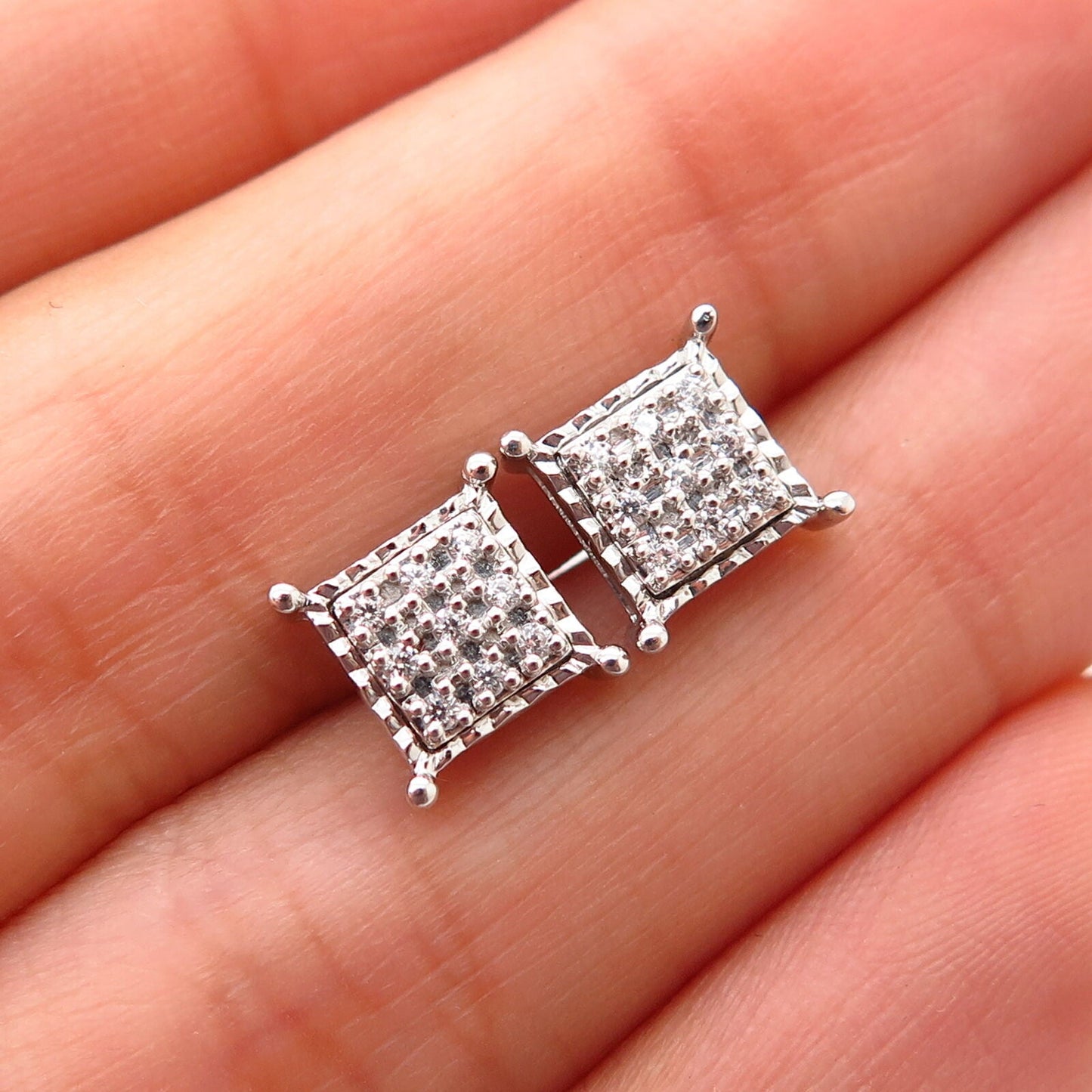 925 Sterling Silver C Z Square Design Stud Earrings