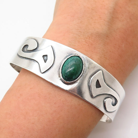 925 Sterling Vintage Real Malachite Gemstone Tribal Design Cuff Bracelet 7 1/4"