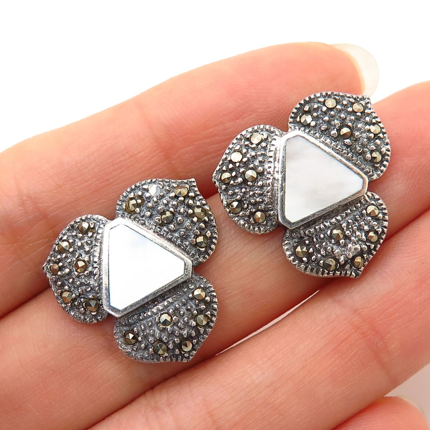 925 Sterling Silver Real Marcasite Gem & Mother of Pearl Triangle Stud Earrings