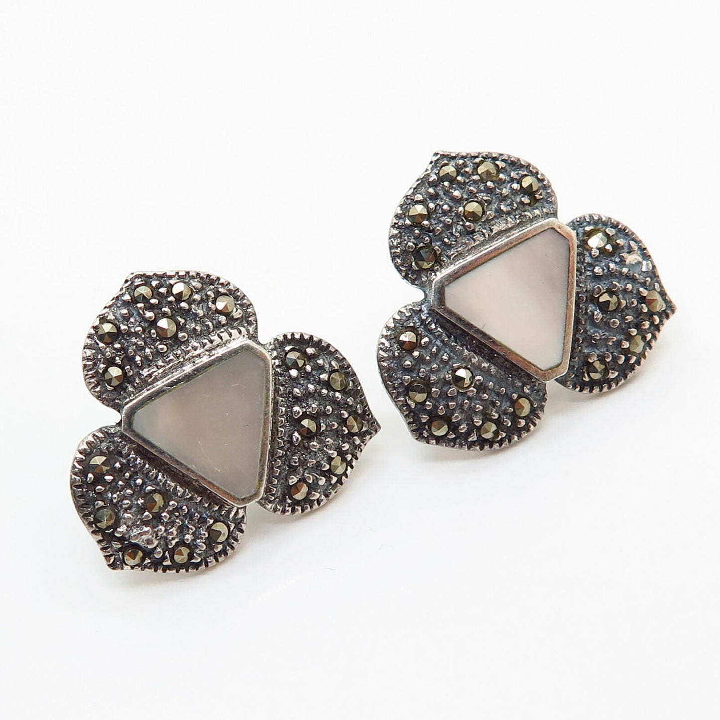 925 Sterling Silver Real Marcasite Gem & Mother of Pearl Triangle Stud Earrings