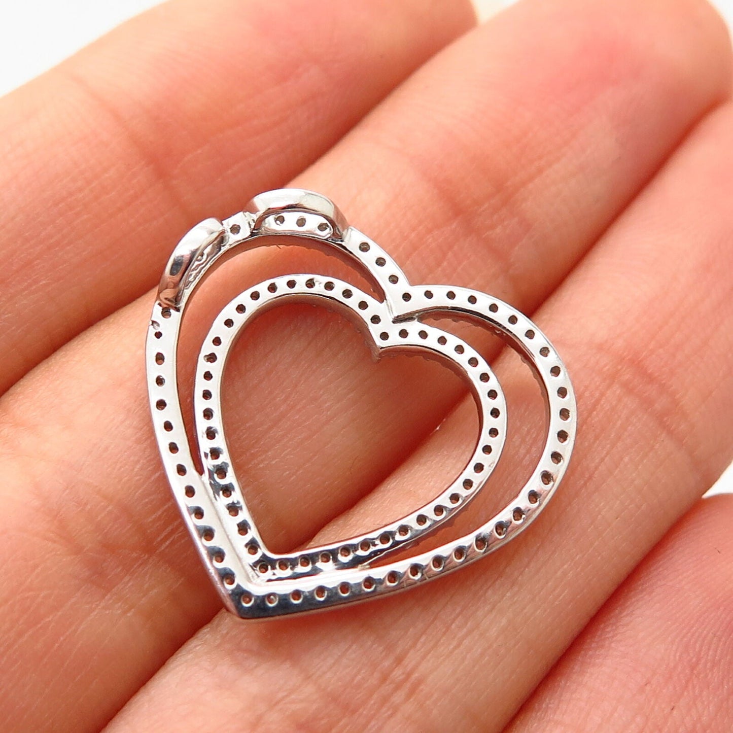 925 Sterling Silver C Z Double Heart Design Slide Pendant