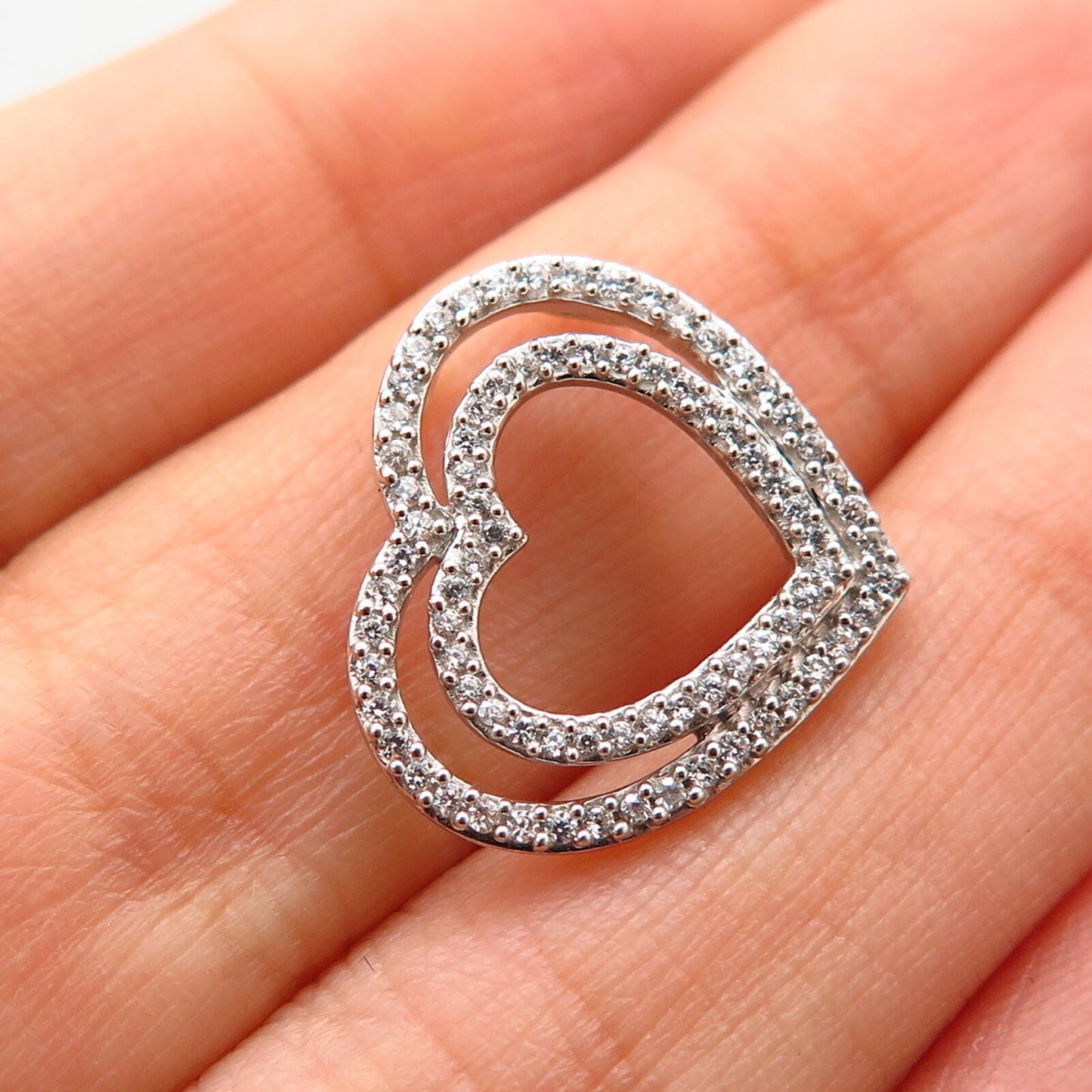 925 Sterling Silver C Z Double Heart Design Slide Pendant