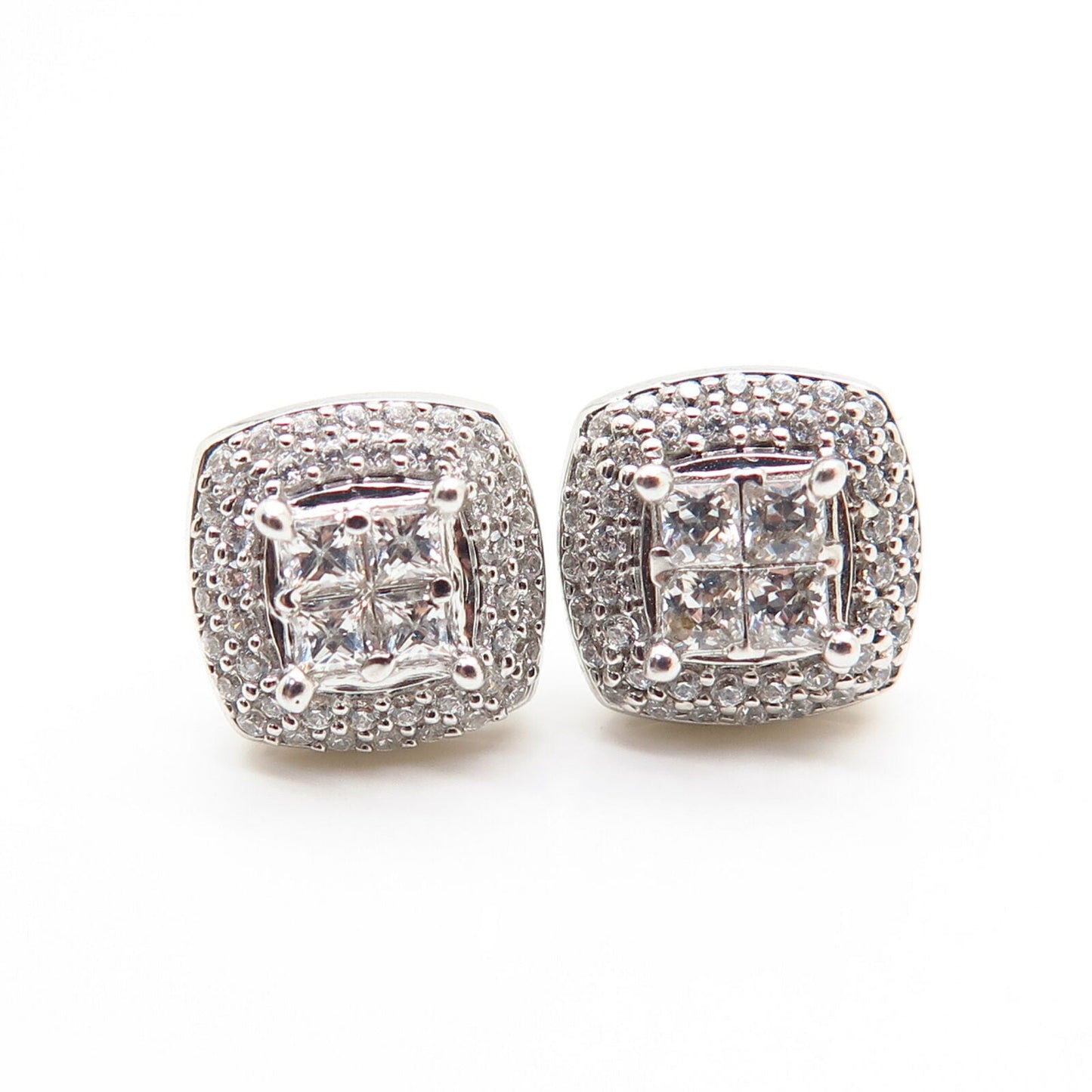 925 Sterling Silver C Z Square Design Stud Earrings