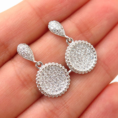 925 Sterling Silver C Z Concave Round Design Dangling Earrings