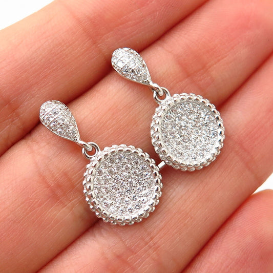 925 Sterling Silver C Z Concave Round Design Dangling Earrings