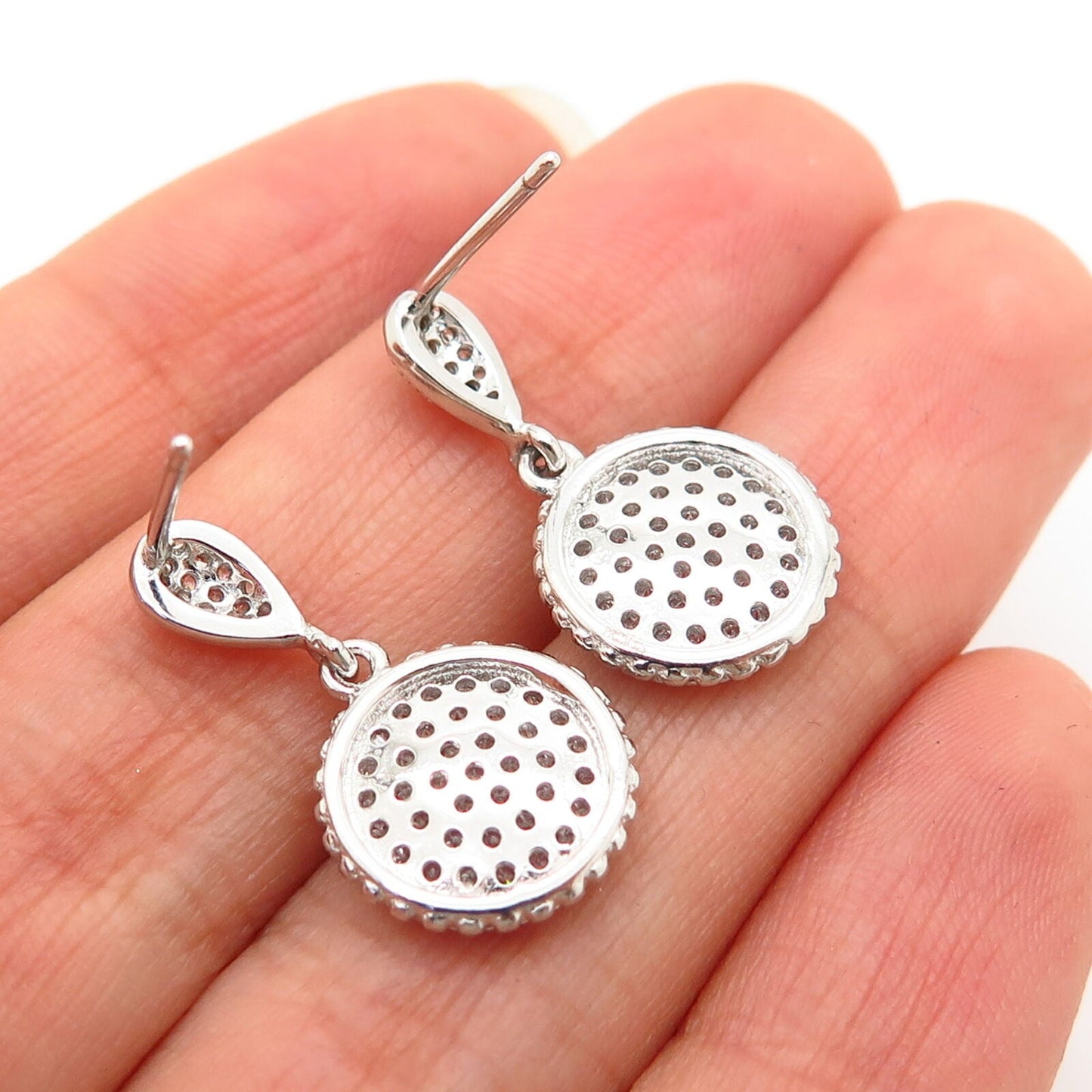 925 Sterling Silver C Z Concave Round Design Dangling Earrings