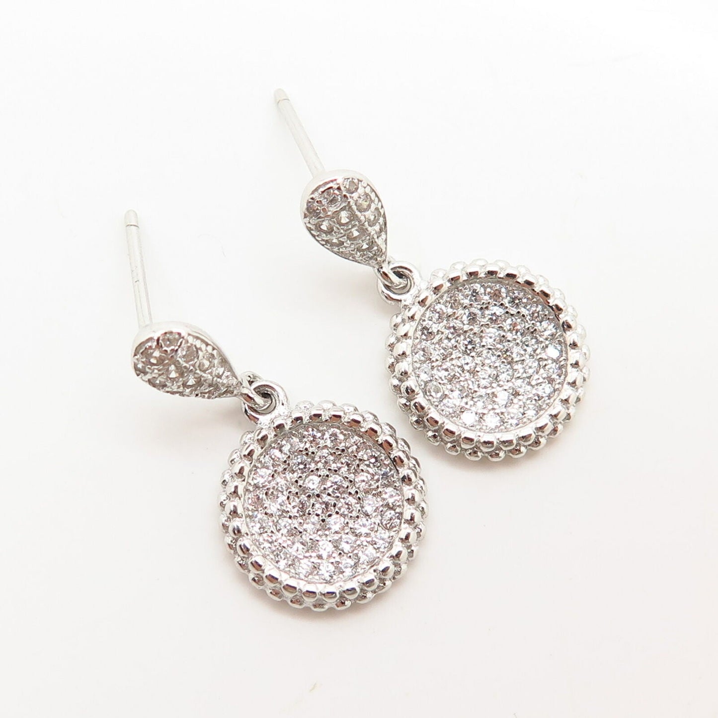 925 Sterling Silver C Z Concave Round Design Dangling Earrings